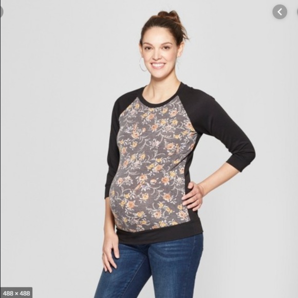 ma cherie Tops - Floral Print Novelty Baseball Sweatshirt 64-156